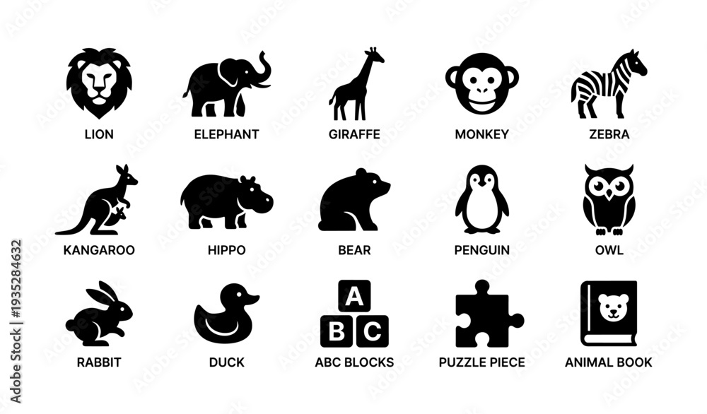 Naklejka premium Silhouette icons of wild animals and educational toys for children