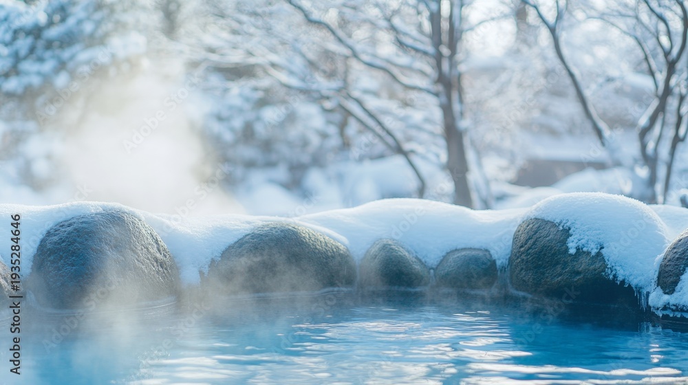 Fototapeta premium A snow covered rock wall next to a body of water. The water is steamy and the snow is piled up on the rocks. The scene is peaceful and serene