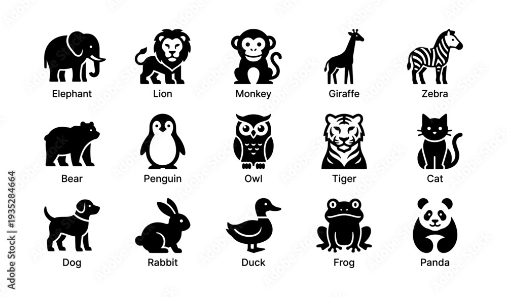 Obraz premium Collection of various animal silhouettes including elephant, lion, monkey, and more