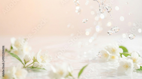Beautiful Pastel Floral Background with Sparkling Water Drops and Soft Bokeh, Abstract Spring and Summer Nature 