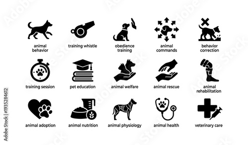 Animal training and welfare icons: obedience, rescue, rehabilitation, care