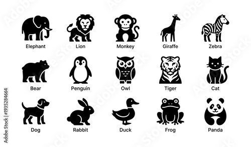 Collection of various animal silhouettes including elephant, lion, monkey, and more