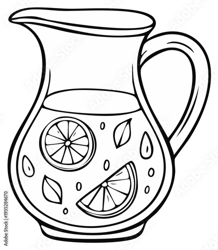 Cartoon pitcher filled with refreshing lemonade and citrus slices and mint leaves