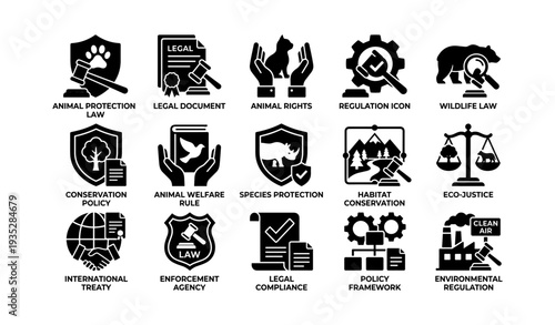 Icons representing animal protection, legal rights, conservation, and environmental regulations