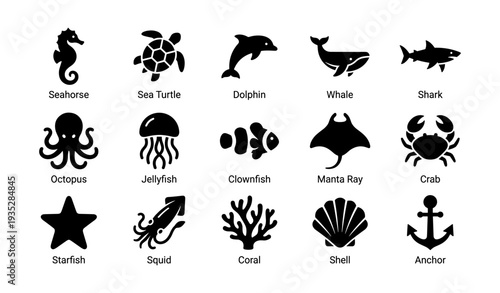 Silhouette icons of marine animals including seahorse, sea turtle, dolphin, and more