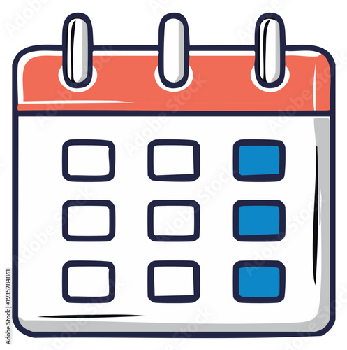 Simple cartoon calendar with highlighted days and rings for binding