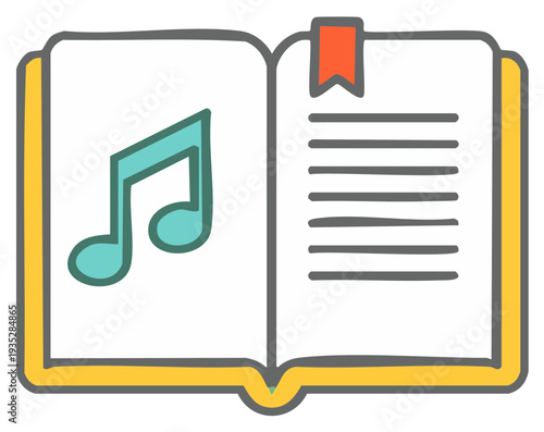 Open Book with Musical Note and Bookmark, Doodle Style, Education, Reading and Learning