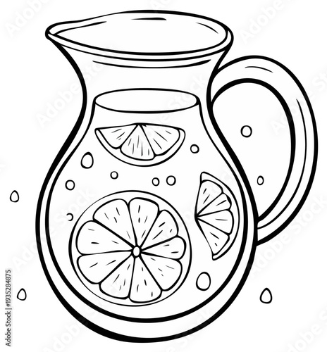 Pitcher with Citrus Drink, Black and White Line Art, Lemonade with Lemon Slices, Outline Drawing