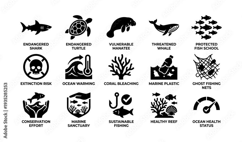 Fototapeta premium Marine conservation icons highlighting ocean threats and wildlife protection