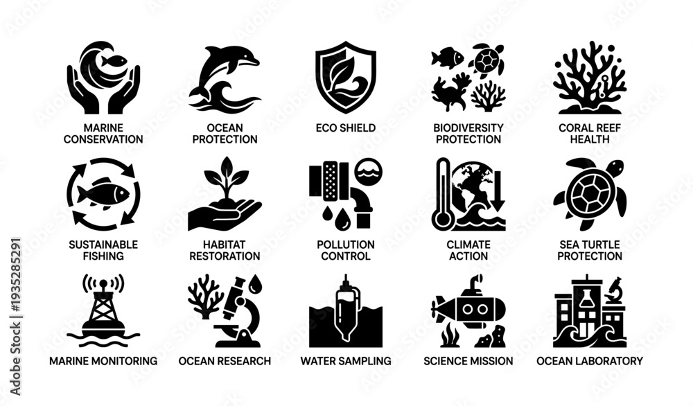 Fototapeta premium Environmental conservation icons: marine, ocean, eco, biodiversity, coral reef