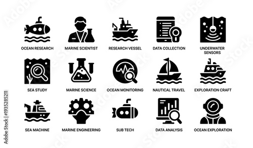 Nautical research icons set: marine science, ocean exploration, data collection, vessels, sensors