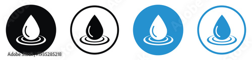 Liquid drop icon with a ripple effect. Represents water conservation, environmental purity, hydration, or chemical solutions. Minimalist black and blue circular icons.