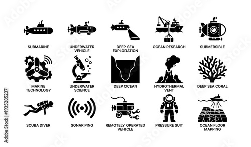 Icons of deep sea exploration and marine technology: submarine, ocean research, rov, coral, sonar