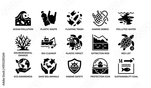 Environmental icons: ocean pollution, plastic waste, marine debris, conservation symbols