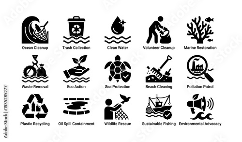 Environmental conservation icons: ocean cleanup, waste removal, wildlife rescue, sustainable fishing, eco action