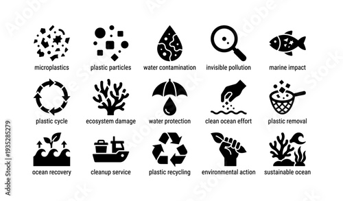 Icons highlighting environmental impact of plastics and ocean conservation efforts