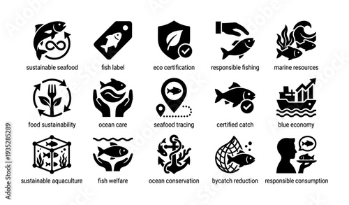 Sustainable seafood and marine conservation icons set