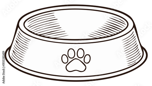 Sketch illustration of an empty pet bowl with a paw print design for food or water