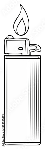 Outline drawing of a burning cigarette lighter with a bright flame illustration
