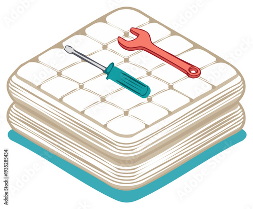 Mattress stack with wrench and screwdriver for repair or maintenance concept illustration