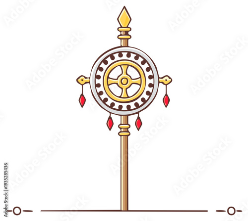 Decorative Dharma Wheel Symbol with Red Gemstones on a Pole