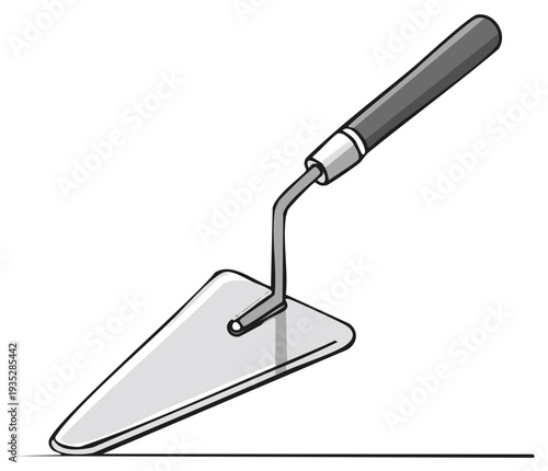 Illustration of a triangular bricklaying trowel with black handle and metal blade for cement or plaster work