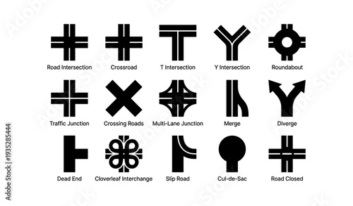 Road intersection symbols: t, y, crossroad, roundabout, merge, diverge, dead end
