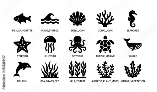 Marine life icons: fish, wave, shell, coral, seahorse, starfish, jellyfish, octopus, turtle, whale