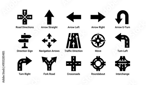 Road and traffic symbols: arrows, directions, and navigation signs