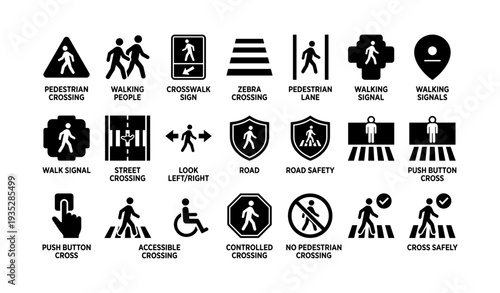 Pedestrian crossing icons: safety signals and signs for road safety