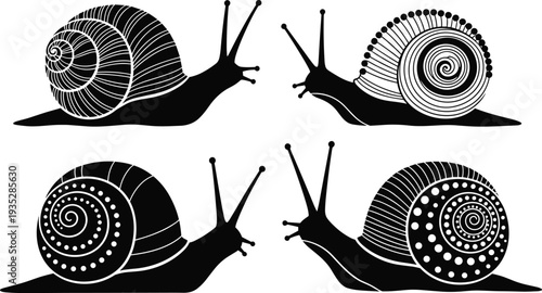 Snail silhouette collection, decorative black garden mollusk vector illustration set isolated on white background for design