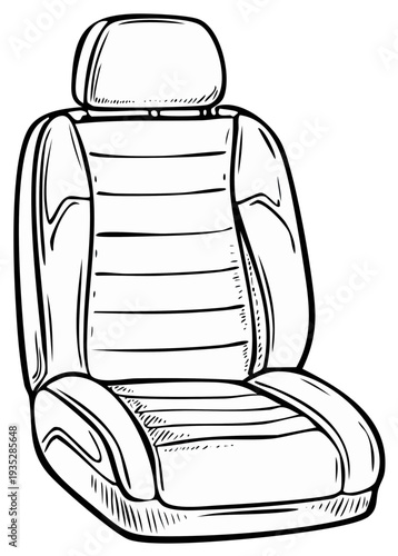 Detailed line drawing of a modern car seat with headrest and textured upholstery