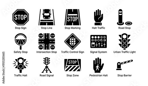 Traffic stop icons: signage and signal graphics for road safety