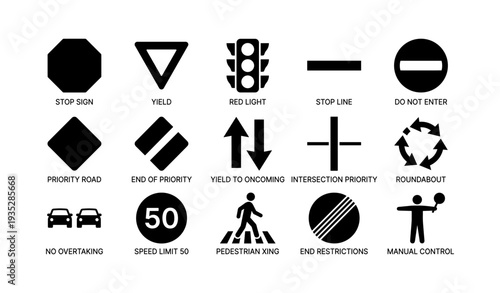 Traffic sign icons: stop, yield, speed limit, pedestrian crossing, intersection, manual control