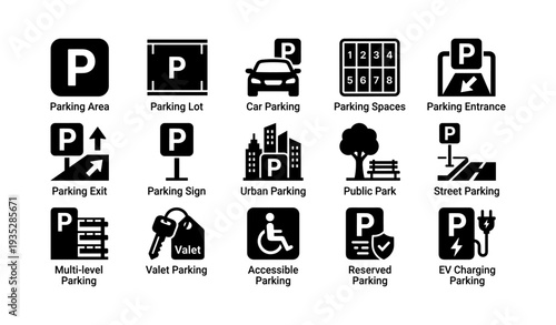 Parking symbols set: accessible, valet, urban, ev charging, reserved