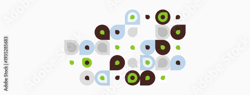 Abstract pattern features varied circles, muted greens, grays. Composition feels organic, playful, modern. Simple shapes dominate visual space.