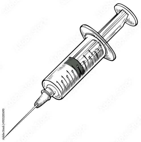 Hand drawn sketch illustration of a medical syringe with a hypodermic needle for injection or vaccination