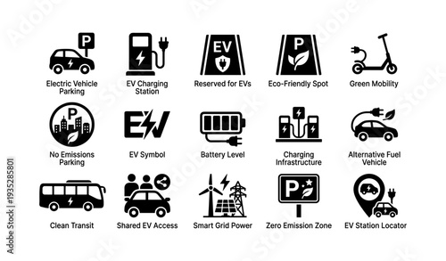 Electric vehicle icons for charging stations and sustainable mobility