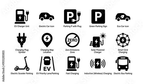 Electric vehicle charging and parking icons for sustainable transport solutions
