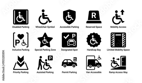 Icons for accessible and inclusive parking features and symbols