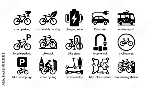 Icons representing sustainable urban cycling and ev infrastructure