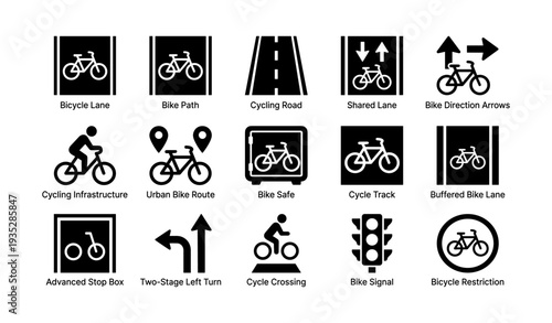 Cycling infrastructure symbols: road signs, bike lanes, safety icons