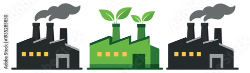 Flat design factory icons set featuring polluting and green factories for environmental concepts