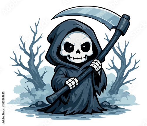Cute cartoon style illustration of a grim reaper character depicting holding a scythe for halloween