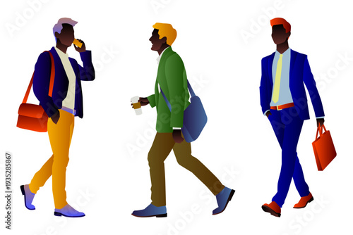 Flat vector illustration of stylish businessmen walking, talking on the phone, and carrying bags.