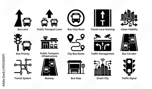 Public transport icons: bus, infrastructure, urban mobility, traffic management