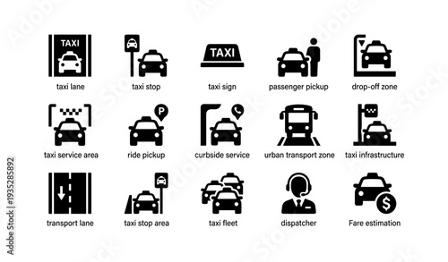 Icon set of taxi services and urban transport symbols