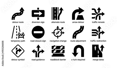Traffic icons: detour, navigation, road signs, route adjustment, traffic management