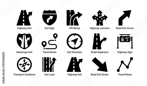 Transportation symbols: highway signs, exit arrows, travel routes, motorway, departure