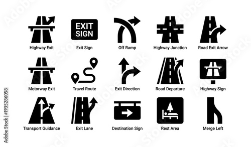 Set of black road sign icons indicating highway routes and directions